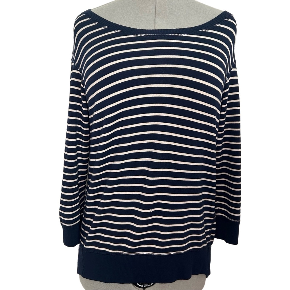 Theory Navy Blue and White Striped Boat Neck Long Sleeve Shirt Size M